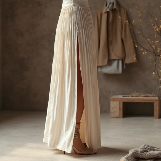 Ivory White Velvet Split Thigh Pleated Maxi Skirt