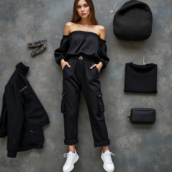 Midnight Black Abstract Print Off-Shoulder Cargo Pants