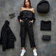 Midnight Black Abstract Print Off-Shoulder Cargo Pants
