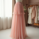 Pastel Pink Ruffled Tulle Pleated Maxi Skirt