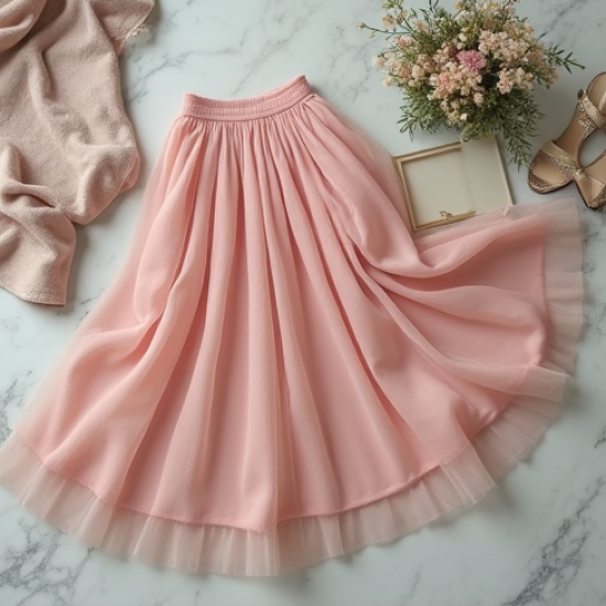 Pastel Pink Ruffled Tulle Pleated Maxi Skirt