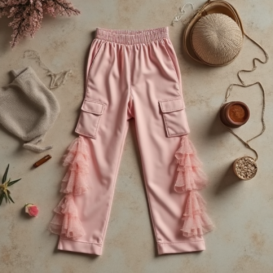 Pastel Pink Ruffled Tulle Cargo Pants