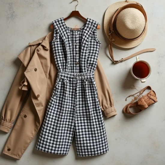 French Style Gingham Puff Sleeve High-Waisted Trousers