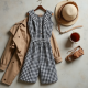 French Style Gingham Puff Sleeve High-Waisted Trousers