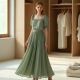 Sage Green Puff Sleeve Chiffon Pleated Maxi Skirt