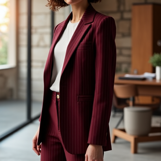 Burgundy Striped V-Neck Tailored Blazer