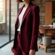 Burgundy Striped V-Neck Tailored Blazer
