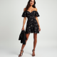 Midnight Black Abstract Print Off-Shoulder Wrap Front Skirt