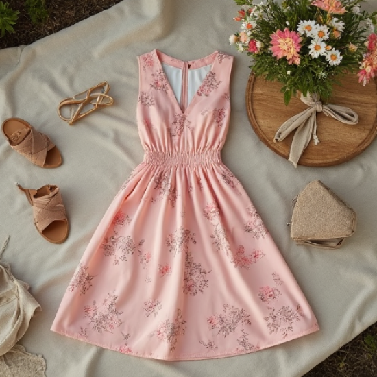 Pastel Pink Floral Print Backless Tea Dress