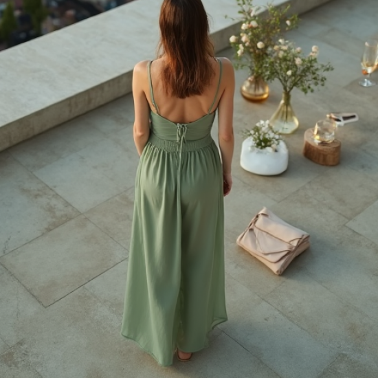 Sage Green Organza Split Thigh High-Waisted Trousers