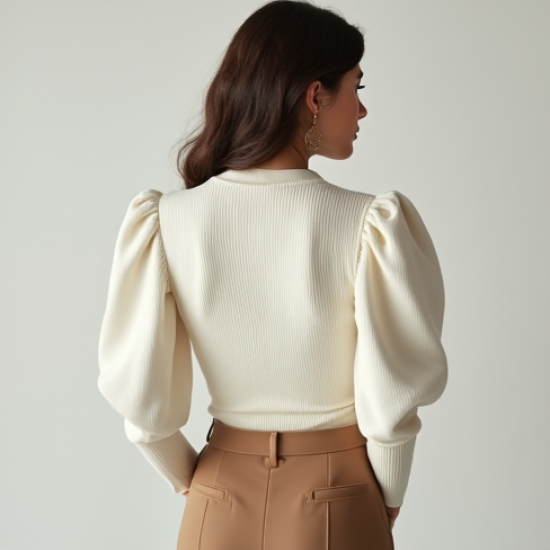 Ivory White Ribbed Knit Puff Sleeve Top