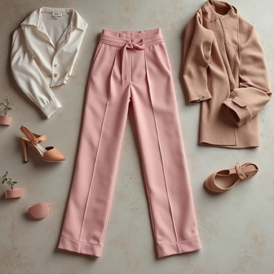 Pastel Pink Jacquard Belted High-Waisted Trousers