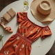 Terracotta Floral Print Off-Shoulder High-Waisted Trousers