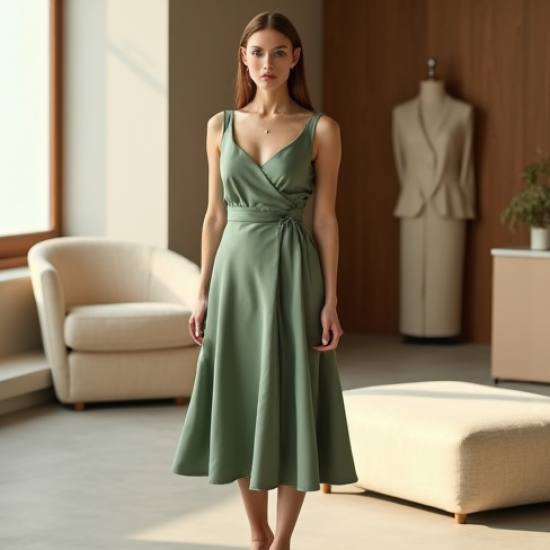 Sage Green Square Neck Satin Wrap Front Skirt