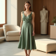 Sage Green Square Neck Satin Wrap Front Skirt