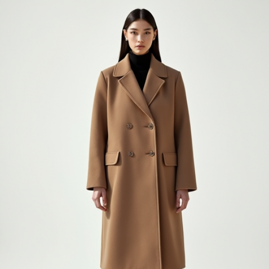 Oatmeal Chiffon Double-Breasted Wool Longline Coat