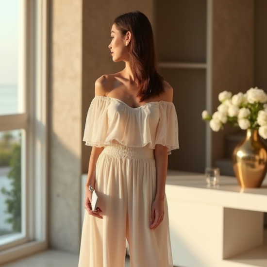 Classic Off-Shoulder Organza Wide-Leg Pants