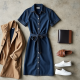 Navy Blue Denim Wrap Front Shirt Dress