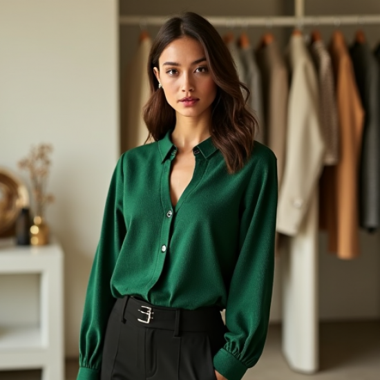Emerald Green Houndstooth Cut-Out Blouse