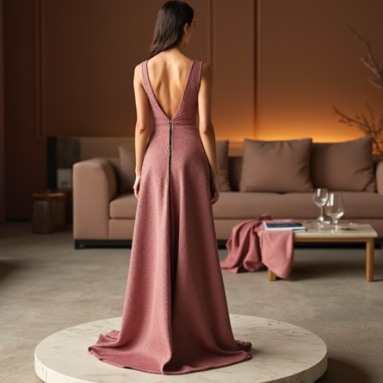Dusty Rose Cut-Out Tweed Evening Gown