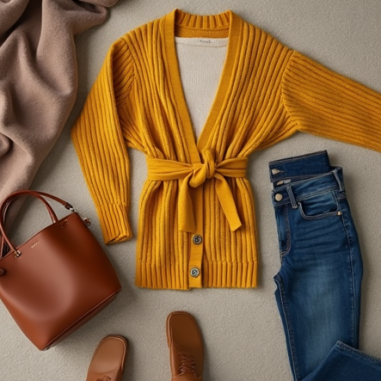 Mustard Yellow Ribbed Knit Belted Chunky Cardigan