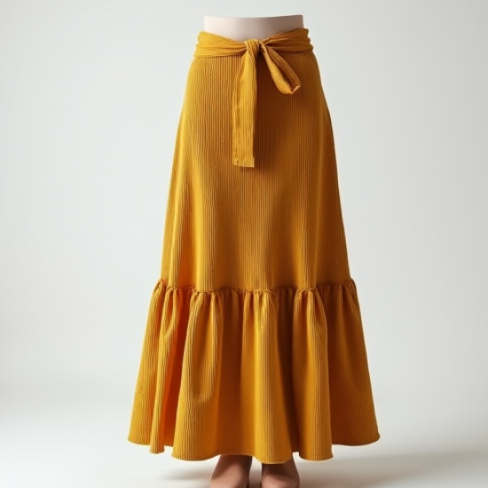 Mustard Yellow Ribbed Knit Belted Tiered Boho Skirt