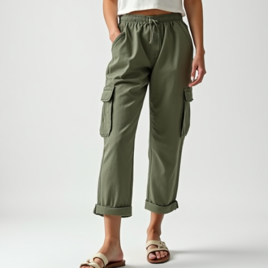 Sage Green Linen Blend V-Neck Cargo Pants