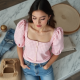Pastel Pink Gingham Square Neck Puff Sleeve Top