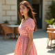 French Style Gingham Puff Sleeve Sundress