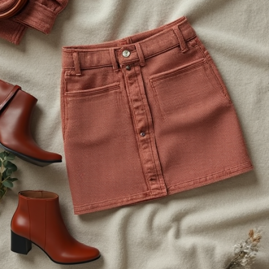 Terracotta Houndstooth Puff Sleeve Denim Mini Skirt
