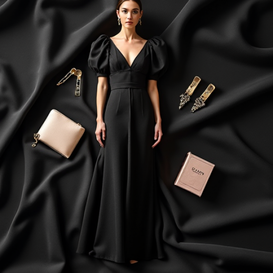 Midnight Black Polka Dot Puff Sleeve Evening Gown