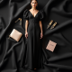 Midnight Black Polka Dot Puff Sleeve Evening Gown