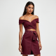 Burgundy Off-Shoulder Denim Wrap Front Skirt