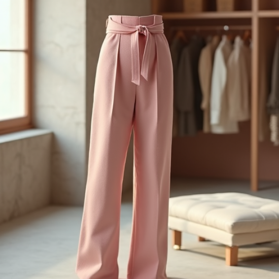 Pastel Pink Jacquard Belted High-Waisted Trousers