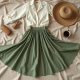 Sage Green Linen Blend V-Neck Pleated Maxi Skirt