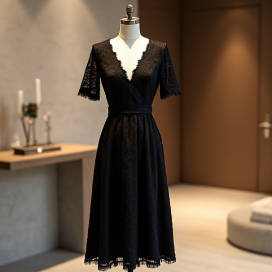 Midnight Black Jacquard V-Neck Midi Dress