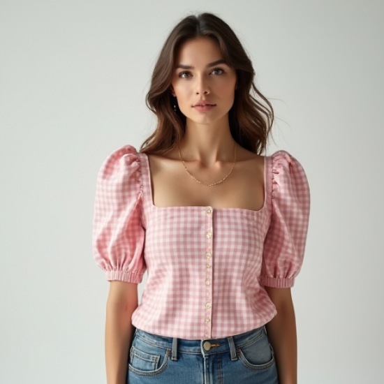 Pastel Pink Gingham Square Neck Puff Sleeve Top