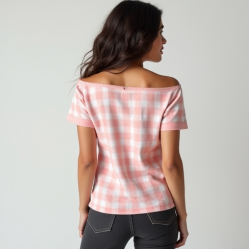 Pastel Pink Houndstooth Off-Shoulder Graphic Tee