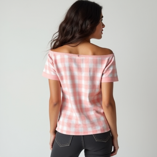 Pastel Pink Houndstooth Off-Shoulder Graphic Tee