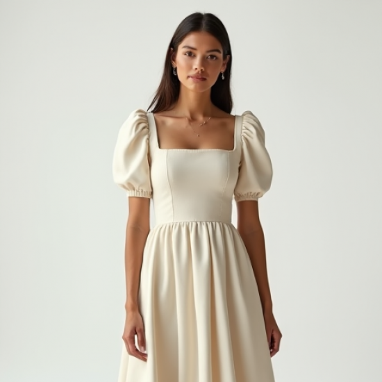 French Style Puff Sleeve Square Neck Dress