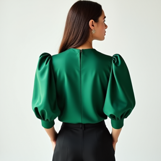 Emerald Green Silk Puff Sleeve Top