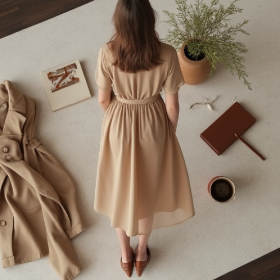 Oatmeal Chiffon Double-Breasted Midi Dress