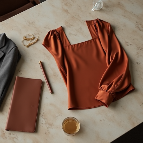 Terracotta Satin Square Neck Blouse