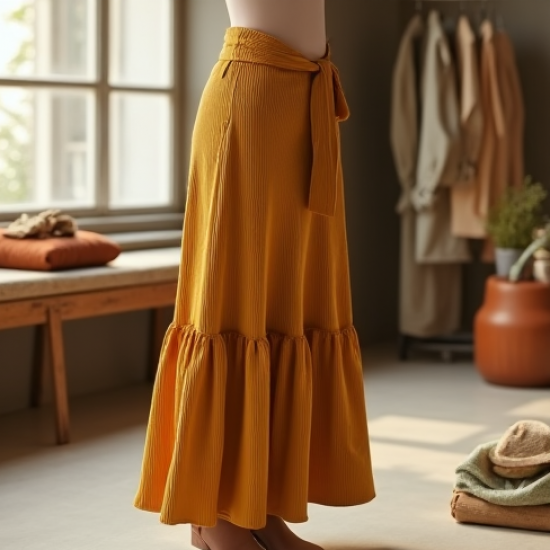 Mustard Yellow Ribbed Knit Belted Tiered Boho Skirt