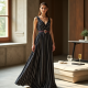Retro Striped Belted Evening Gown