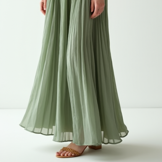 Sage Green Puff Sleeve Chiffon Pleated Maxi Skirt