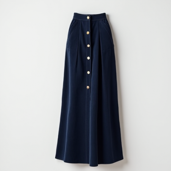 Navy Blue Corduroy Double-Breasted Pleated Maxi Skirt