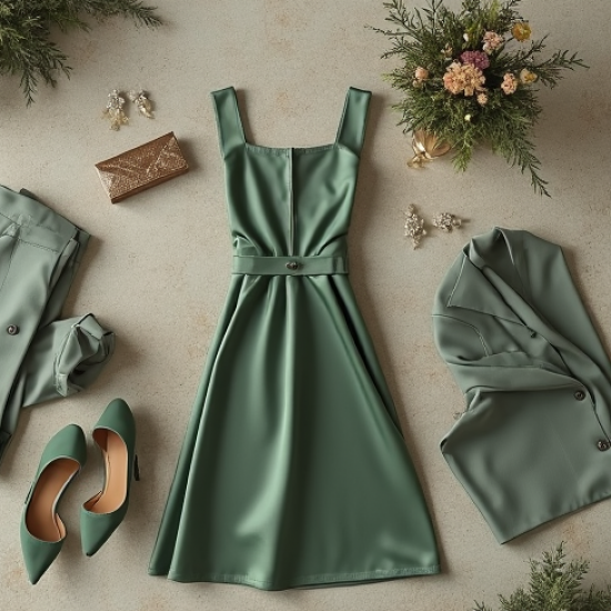 Sage Green Square Neck Satin Cocktail Dress