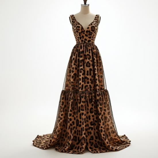 Retro Animal Print Tiered Evening Gown