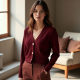 Burgundy Ribbed Knit V-Neck Cropped Jacket